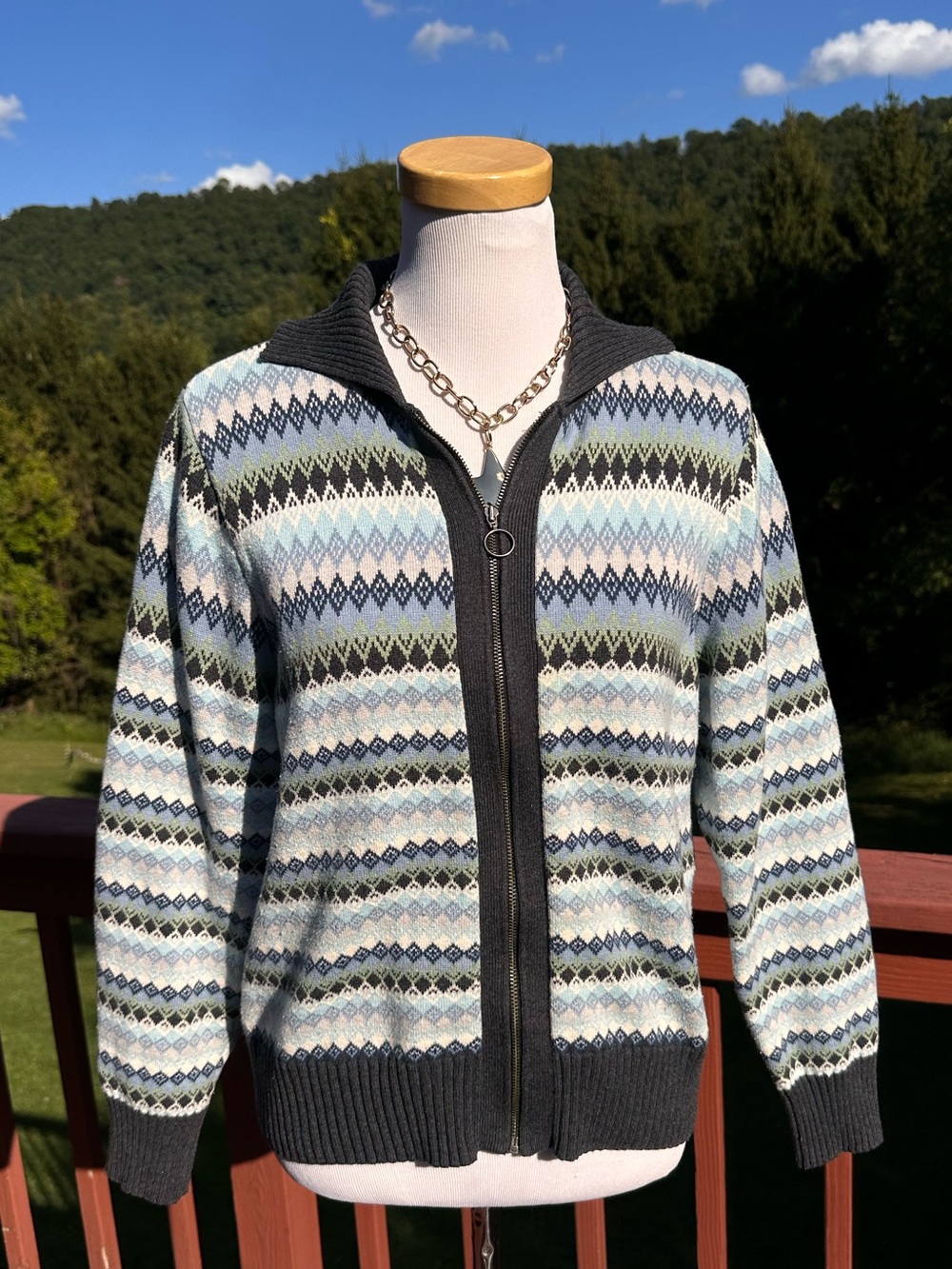 Liz Claiborne Vintage Womens Zip-Up Fair Isle Sweater Y2K